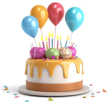 Colorful birthday cake adorned with balloons and candles. png