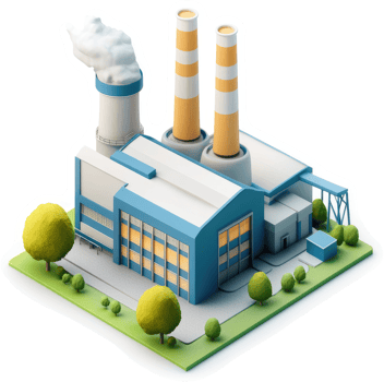 Industrial facility with multiple smoke stacks and landscaping. png