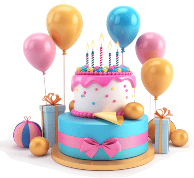Colorful birthday cake with balloons and gifts. png