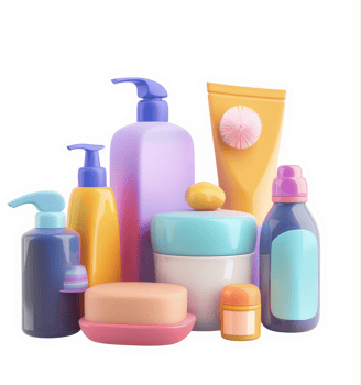 Colorful cosmetic and personal care products displayed in a group. png