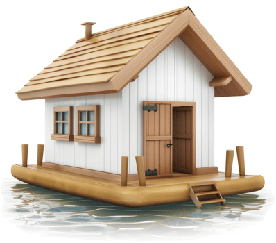Floating wooden cottage on a tranquil lake. png