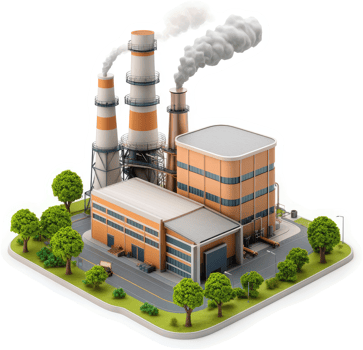 Industrial complex with smokestacks and surrounding greenery. png