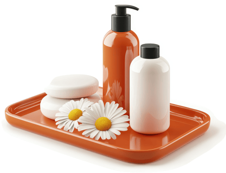 Orange tray with spa lotions and chamomile flowers. png