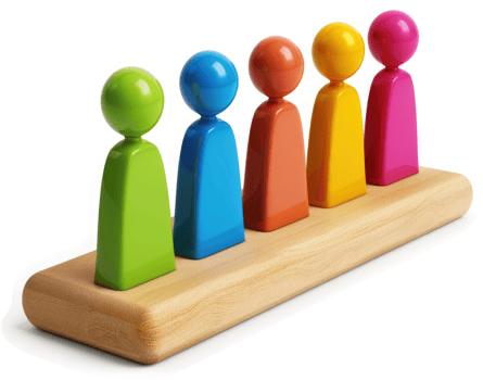 Colorful figures in a straight line on a wooden base. png