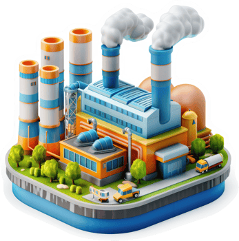 Colorful industrial plant illustration with multiple smokestacks. png