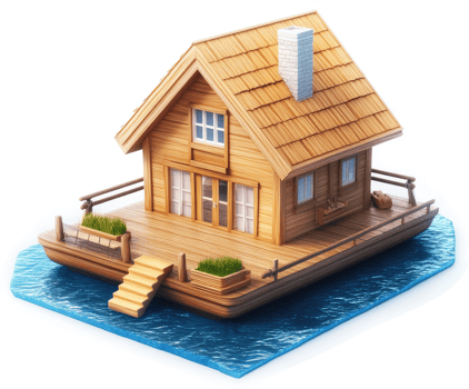 Floating wooden cabin home on a tranquil lake. png
