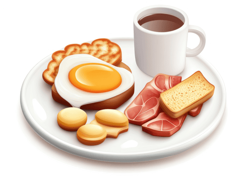 Delicious breakfast platter with eggs, bacon, toast, and coffee. png