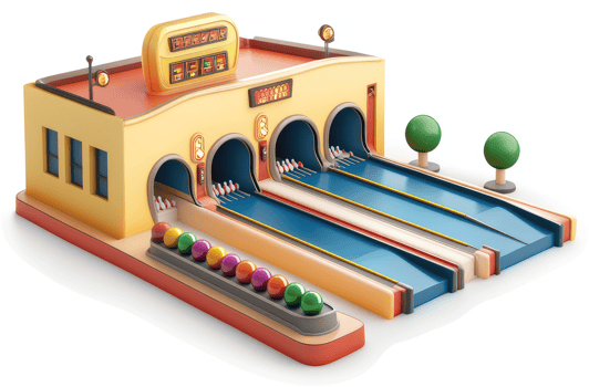 Colorful bowling alley depicted in 3D. png