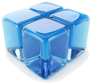 Four interlocked, glossy blue cubes illustrate a powerful, three-dimensional design. png
