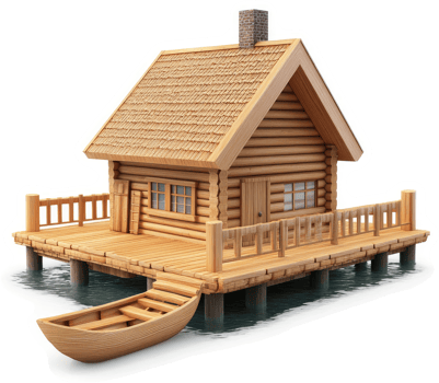 Wooden log cabin on a waterfront platform with a small boat. png