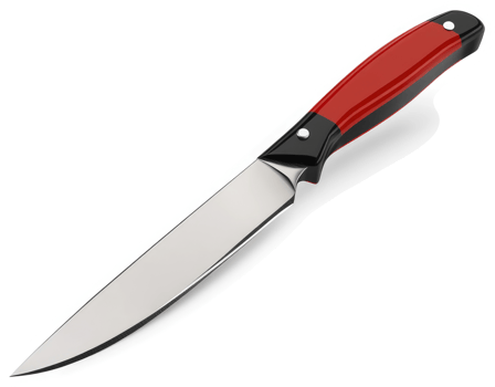 Sharp, modern kitchen knife with red and black handle. png