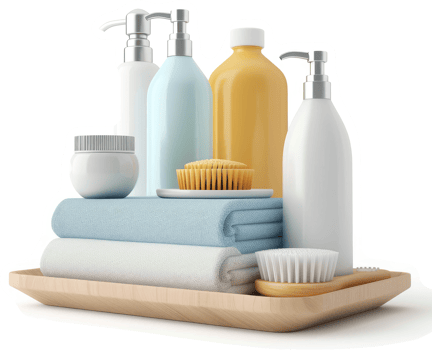 Assorted toiletries and towels arranged on a wooden tray. png
