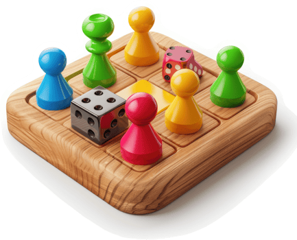 Colorful game pieces and dice on a wooden game board. png