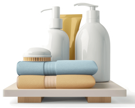 Luxury spa toiletries and towels displayed on a tray. png