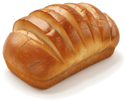 Golden, sliced loaf of bread sits prominently. png