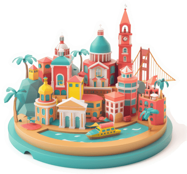 Colorful, stylized cityscape on an island, perfect for a travel poster. png