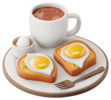 Cartoonish breakfast platter with toast, eggs, and hot drink. png