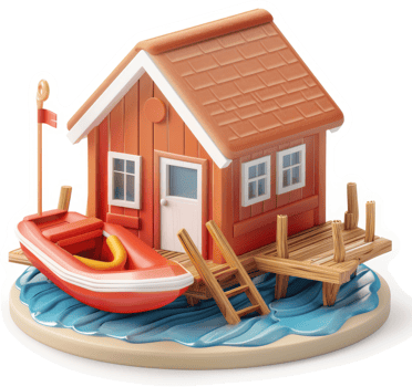 Coastal cabin with small boat on a pier. png