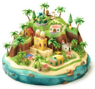 Colorful, low-poly island village scene with tropical elements. png