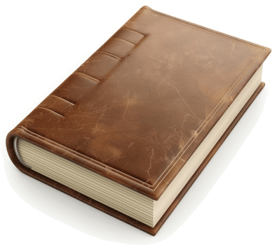 Classic brown leather-bound book resting on a white surface. png