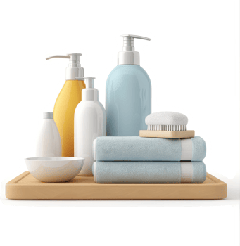 Selection of personal care products on a wooden tray. png