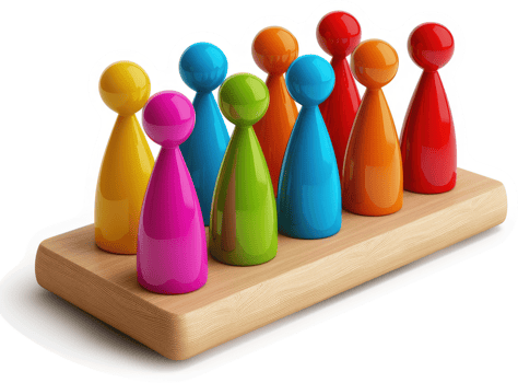 Colorful game pieces arranged on a wooden base. png