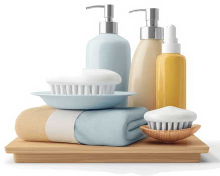 Set of toiletries and towels displayed on a wooden tray. png