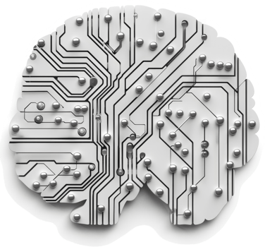 A depiction of the human brain overlaid with circuit board design. png