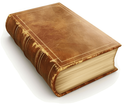 Aged leather-bound book rests on a plain white surface. png