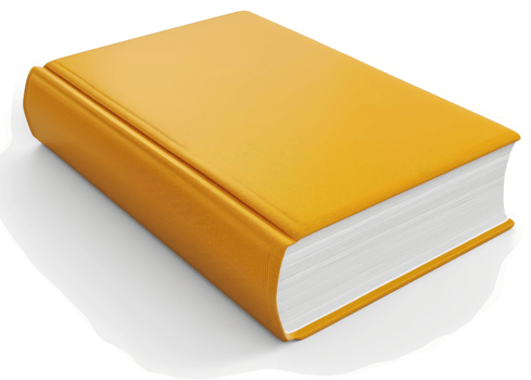 A golden-yellow hardback book rests on a plain surface. png