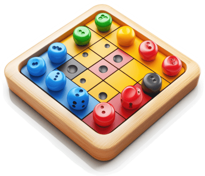 Colorful board game with dice and movable pieces. png