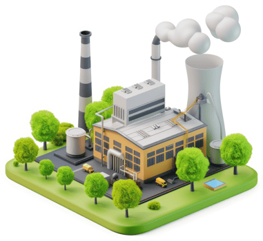 Industrial complex with smoke stacks and surrounding greenery. png
