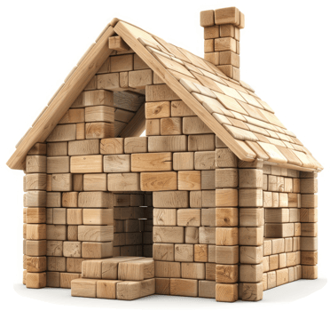 Wooden block house structure, a miniature model home. png