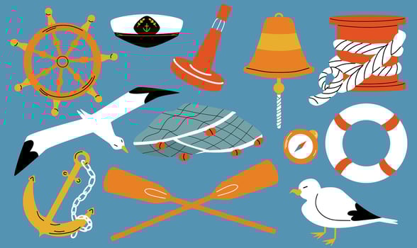 Nautical hand drawn elements. Marine set. Life buoy, steering wheel, anchor, fishing net and seagull vector