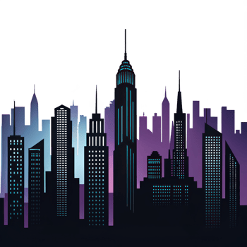 A vibrant cityscape at twilight, showcasing towering skyscrapers and a majestic skyline with purple and blue hues. png