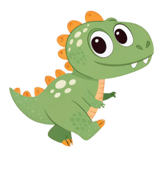 A cheerful green dinosaur playfully strides forward, showcasing adorable large eyes and a charmingly toothy grin in a vibrant cartoon style. png
