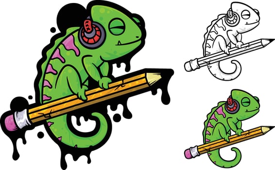 Illustration of a chameleon and a cartoon pencil vector