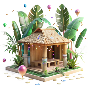 dramatic artistic Bamboo House with Tropical Garden Transparent Background exclusive png