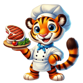 A cheerful tiger chef presenting a delicious steak dish. png