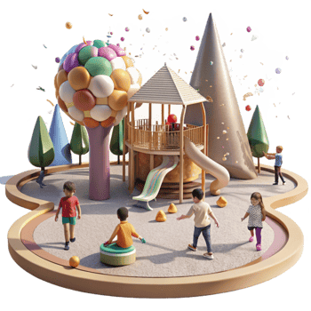 elegant rustic Children Playing in Rebuilt Park Bright Sunlight Transparent Background detailed png