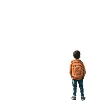 Young boy with backpack standing alone looking forward, concept of childhood, future, and education on transparent background png