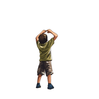 Young boy looking up with hands raised on transparent background, dreaming of future possibilities and reaching for the sky Concept of childhood, aspiration, and imagination png