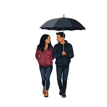 Young Hispanic couple walking under umbrella on transparent background, sharing a romantic moment in the rain Concept of love, relationship, and companionship png