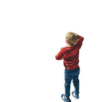Blond Caucasian boy standing with back to camera, scratching head, looking up at something interesting Concept of childhood curiosity, wonder, and contemplation png