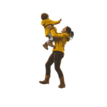 Happy mother lifting her toddler son in the air, both wearing yellow raincoats Concept of joyful parenthood, family bonding, and outdoor fun on a transparent background png