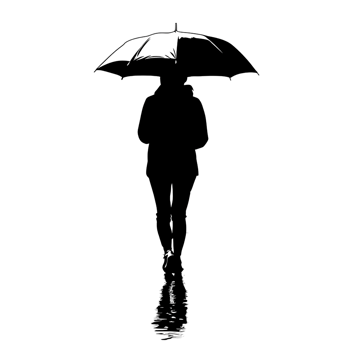 Silhouette of elegant woman walking with umbrella on transparent background Concept of mystery protection, and solitude in the rain png