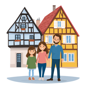 Happy Caucasian family with daughter standing in front of traditional German houses, holding hands and smiling Concept of family travel, tourism, and European culture png