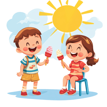 Happy cartoon children, a boy and girl, enjoying ice cream cones under the summer sun, concept of childhood, happiness, and summer vacation png