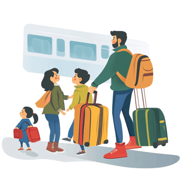 Happy family with two children, father, mother, son and daughter, traveling by train with luggage Concept of family vacation, travel, and transportation png