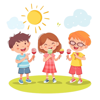 Three happy children, two boys and a girl, enjoying colorful lollipops outdoors on a sunny day Concept of childhood, friendship, and sweet treats png